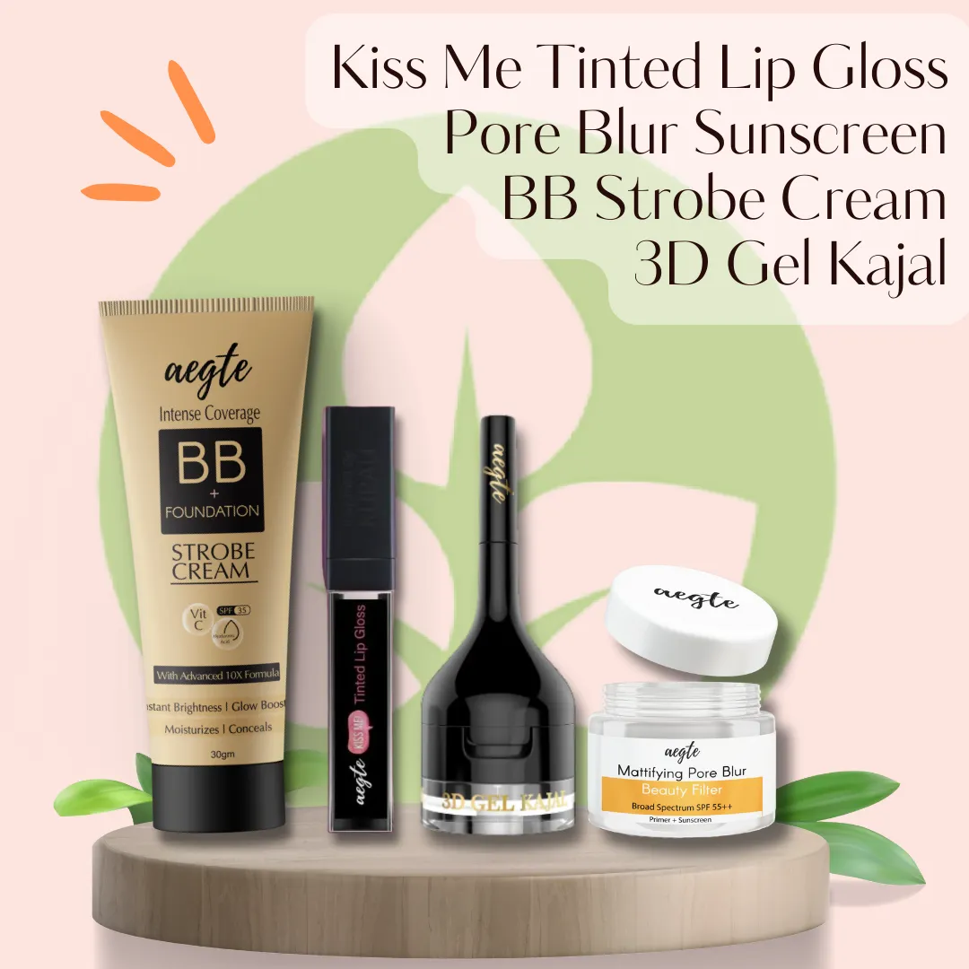 Aegte Kiss Me Magic pH Tinted Lip Gloss, Intense Coverage BB   Foundation Strobe Cream, Mattifying Pore Blur Beauty Filter Primer   Sunscreen & 3D Gel Kajal (3 in 1 Kajal-Gel Eyeliner-Eyebrow Filler)